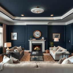 A cozy living room with dark blue, white, and cream-colored walls