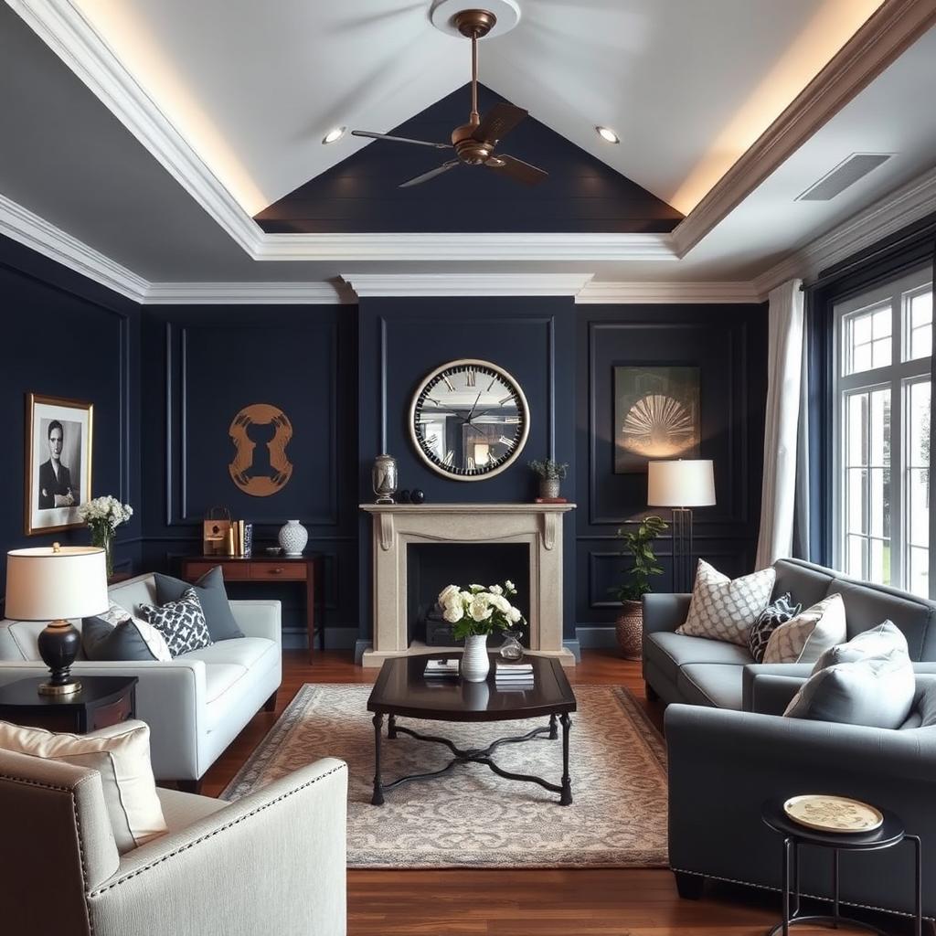 A cozy living room with dark blue, white, and cream-colored walls