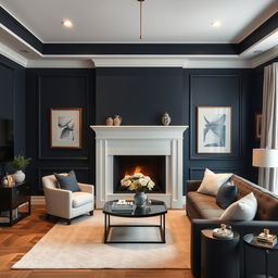 A cozy living room with dark blue, white, and cream-colored walls