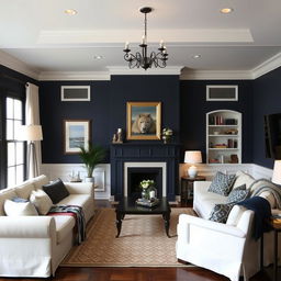 A cozy living room with dark blue, white, and cream-colored walls