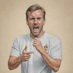 Convert the image of famous football players displaying playful rude gestures into the style of a coloured pencil sketch