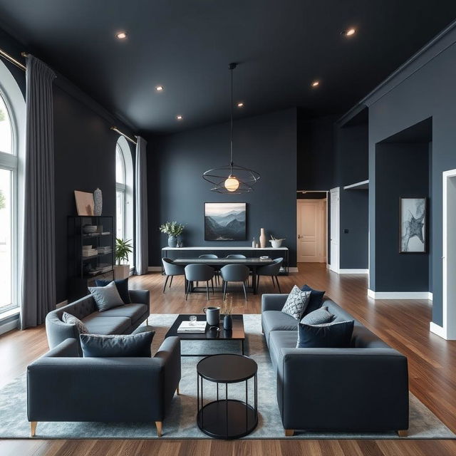 A modern living-dining room with walls painted in a color palette that complements dark blue