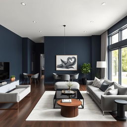 A modern living-dining room with walls painted in a color palette that complements dark blue