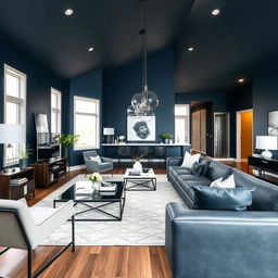 A modern living-dining room with walls painted in a color palette that complements dark blue