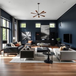 A modern living-dining room with walls painted in a color palette that complements dark blue