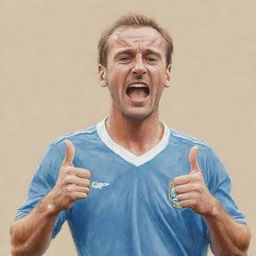 Convert the image of famous football players displaying playful rude gestures into the style of a coloured pencil sketch