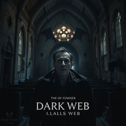 A film poster depicting a drug dealer being possessed by a demon through the dark web, set inside a dark and abandoned church