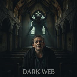 A film poster depicting a drug dealer being possessed by a demon through the dark web, set inside a dark and abandoned church