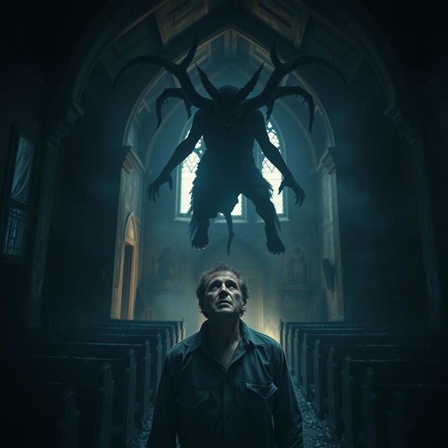 A film poster depicting a drug dealer being possessed by a demon through the dark web, set inside a dark and abandoned church