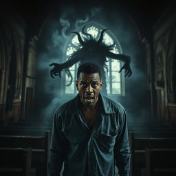 A film poster depicting a black drug dealer being possessed by a demon inside a dark and abandoned church