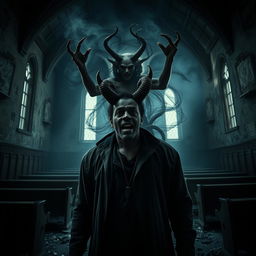 A film poster depicting a black drug dealer being possessed by a demon inside a dark and abandoned church