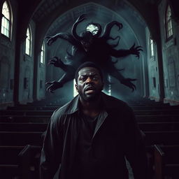 A film poster depicting a black drug dealer being possessed by a demon inside a dark and abandoned church