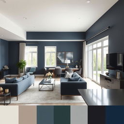 A modern living-dining room with walls painted in a color palette that complements dark blue but does not dominate