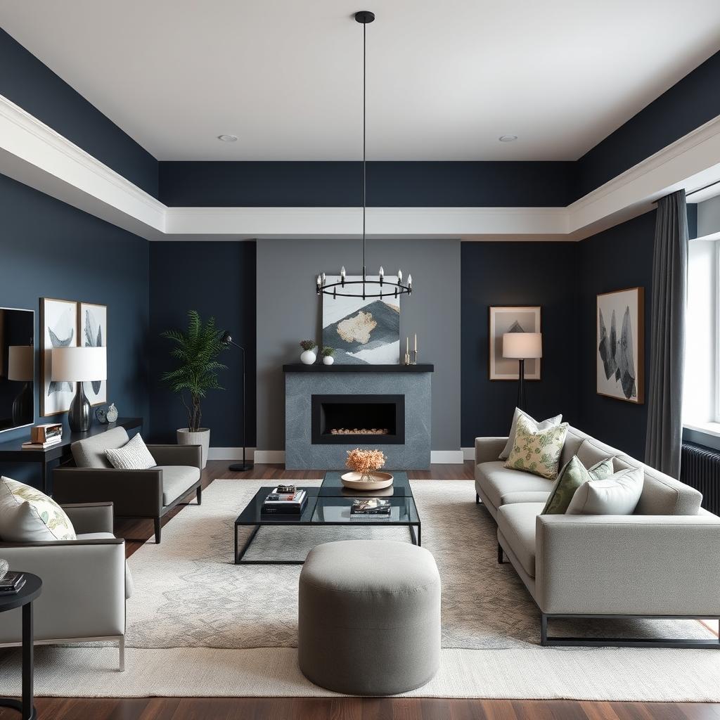 A modern living-dining room with walls painted in a color palette that complements dark blue but does not dominate