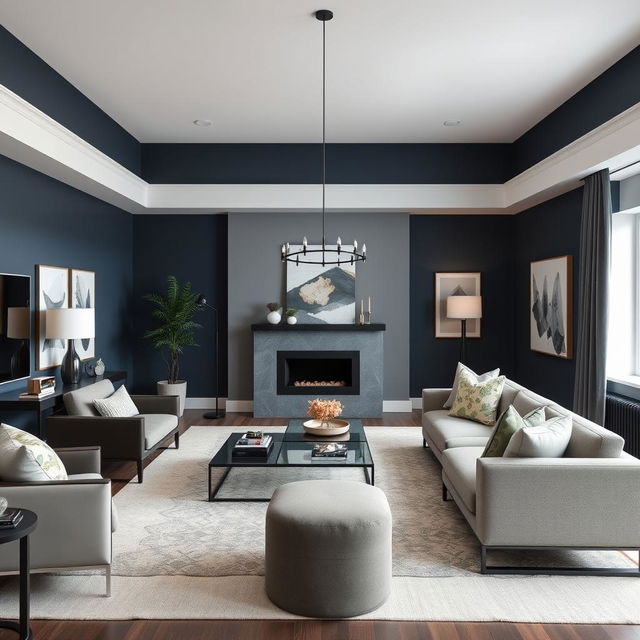 A modern living-dining room with walls painted in a color palette that complements dark blue but does not dominate