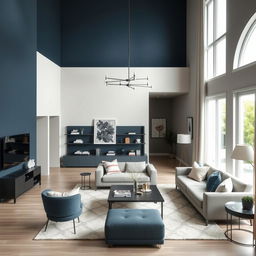 A modern living-dining room with walls painted in a color palette that complements dark blue but does not dominate