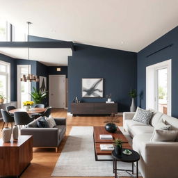 A modern living-dining room with walls painted in a color palette that complements dark blue but does not dominate