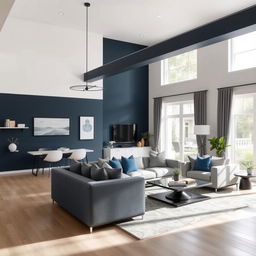 A modern living-dining room with walls painted in a color palette that complements dark blue, with a predominant light color