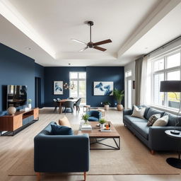 A modern living-dining room with walls painted in a color palette that complements dark blue, with a predominant light color