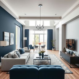 A modern living-dining room with walls painted in a color palette that complements dark blue, with a predominant light color