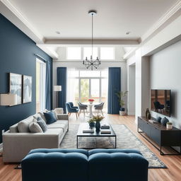 A modern living-dining room with walls painted in a color palette that complements dark blue, with a predominant light color