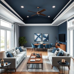 A modern living-dining room with walls painted in a color palette that complements dark blue, with a predominant light color