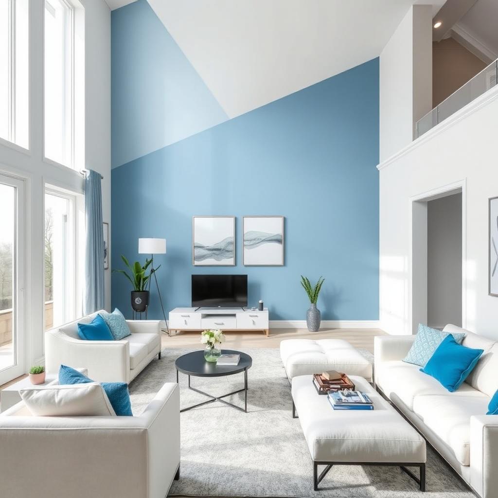 A modern living-dining room with walls painted in a color palette that complements blue, with a predominant light color