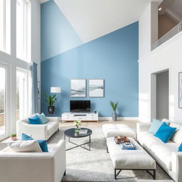 A modern living-dining room with walls painted in a color palette that complements blue, with a predominant light color