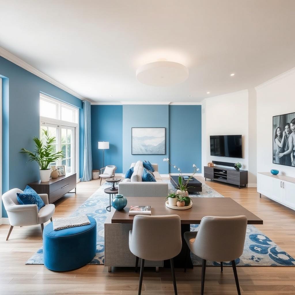 A modern living-dining room with walls painted in a color palette that complements blue, with a predominant light color