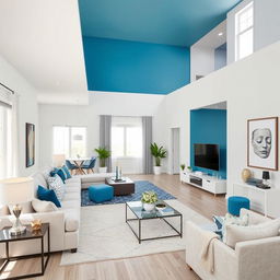 A modern living-dining room with walls painted in a color palette that complements blue, with a predominant light color