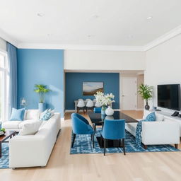 A modern living-dining room with walls painted in a color palette that complements blue, with a predominant light color