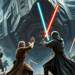 An epic scene from the Star Wars universe featuring a Jedi battle