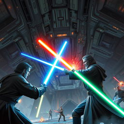 An epic scene from the Star Wars universe featuring a Jedi battle