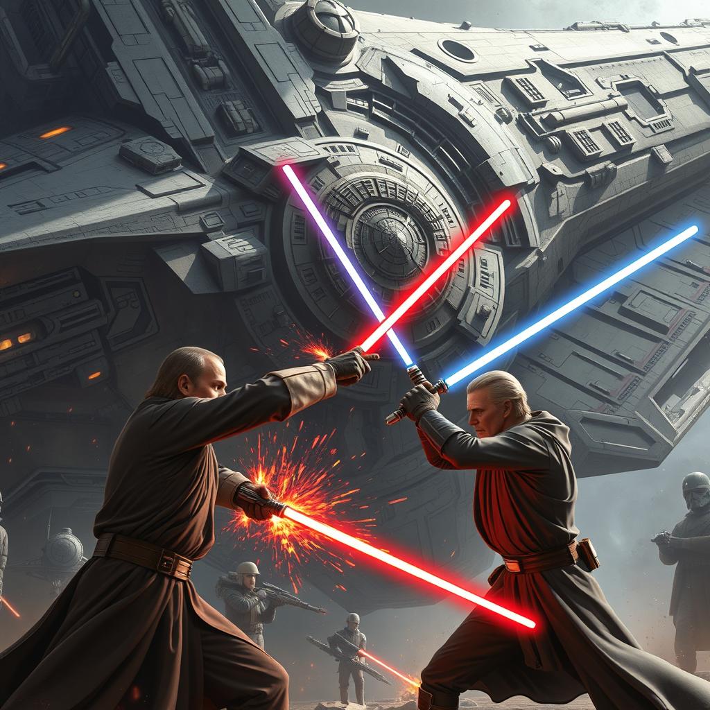 An epic scene from the Star Wars universe featuring a Jedi battle