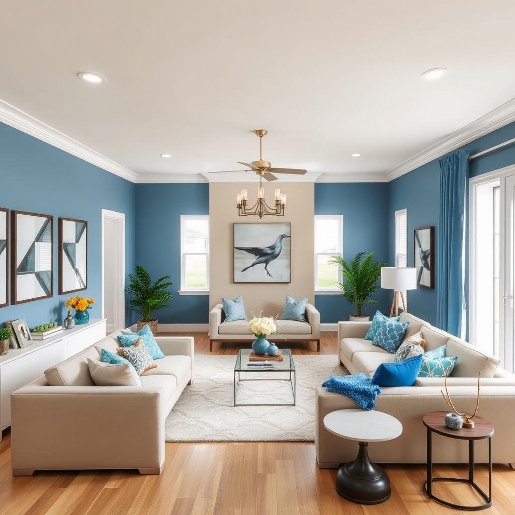 A modern living-dining room with walls painted in a color palette that complements blue, with a predominant beige color