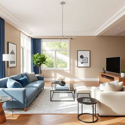 A modern living-dining room with walls painted in a color palette that complements blue, with a predominant beige color