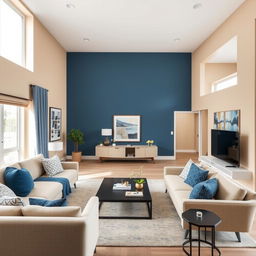 A modern living-dining room with walls painted in a color palette that complements blue, with a predominant beige color