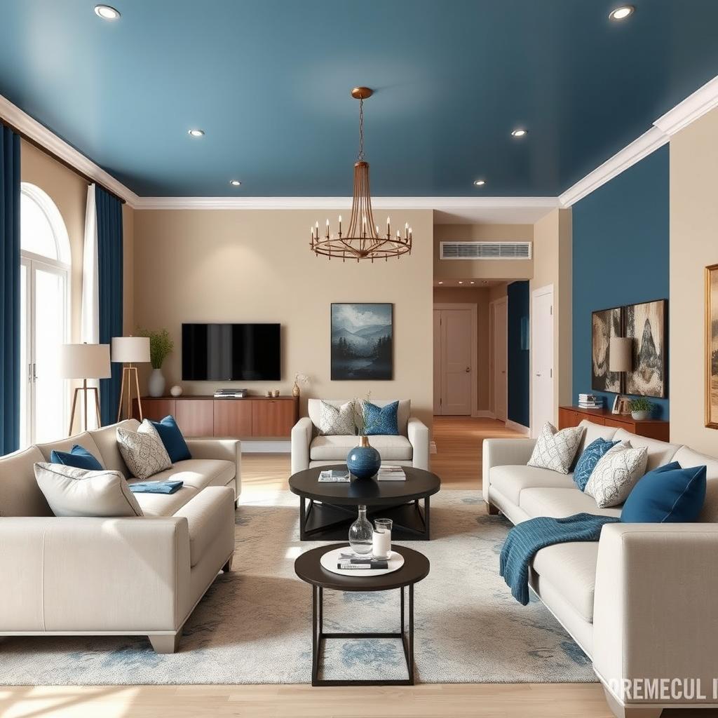 A modern living-dining room with walls painted in a color palette that complements blue, with a predominant beige color