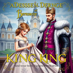 An enchanting book cover for a short story about a designer and a king who fall in love