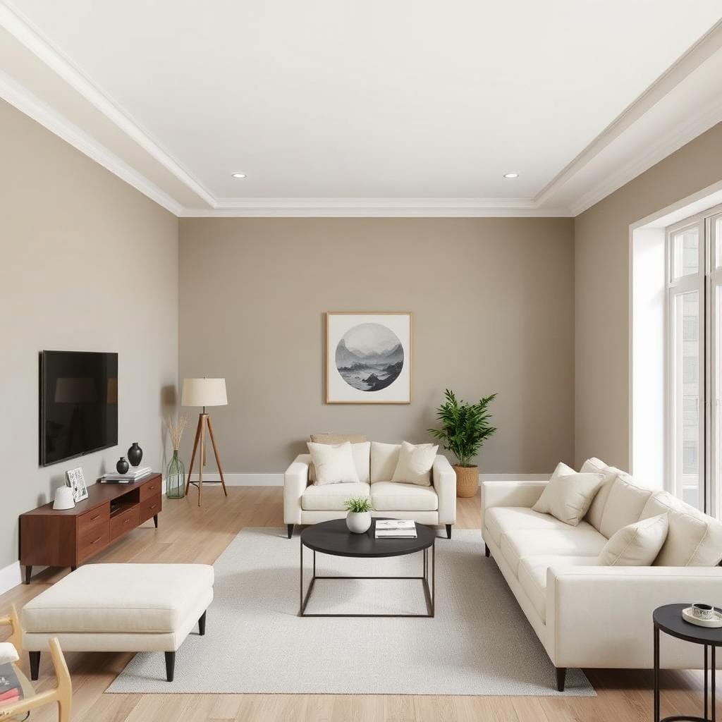 A simple modern living-dining room with walls painted in a color palette that complements bluish-gray, with a predominant beige color