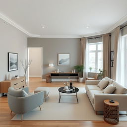 A simple modern living-dining room with walls painted in a color palette that complements bluish-gray, with a predominant beige color