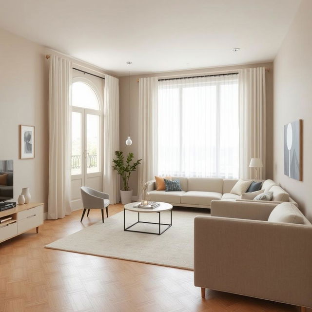 A simple modern living-dining room with walls painted in a color palette that complements bluish-gray, with a predominant beige color