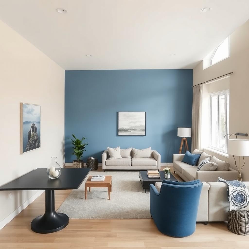 A simple modern living-dining room with walls painted in a color palette that complements blue, with a predominant beige color