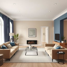 A simple modern living-dining room with walls painted in a color palette that complements blue, with a predominant beige color