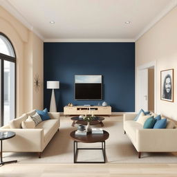 A simple modern living-dining room with walls painted in a color palette that complements blue, with a predominant beige color