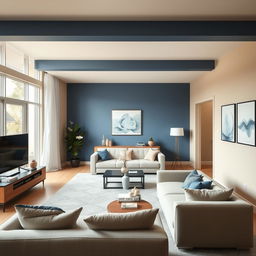 A simple modern living-dining room with walls painted in a color palette that complements blue, with a predominant beige color