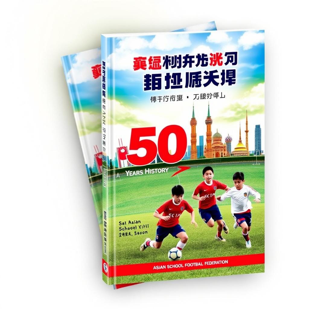 A book cover for '50 Years History of Asian Schools Football Federation'