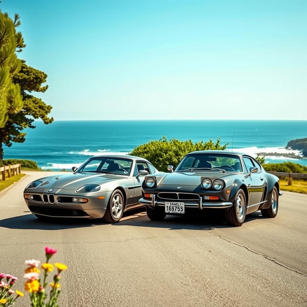 A dynamic image of a BMW Z8 and a Saab 900 meeting on a coastal road during a sunny day, showcasing their unique design elements against a picturesque ocean backdrop