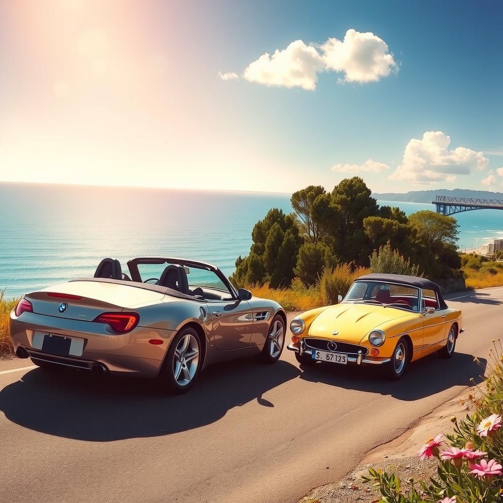 A vibrant image of a BMW Z8 and a Saab 900 meeting on a coastal road during a sunny afternoon, showcasing their unique designs against a beautiful ocean backdrop