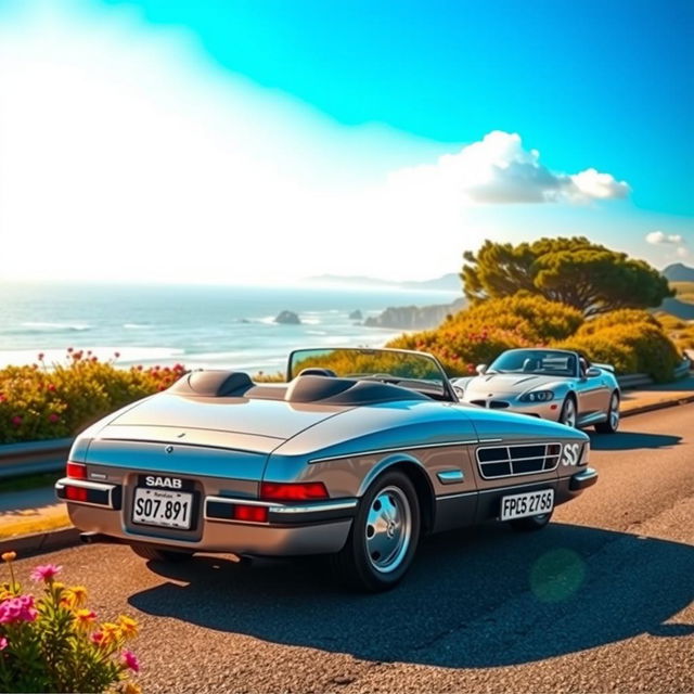 A vibrant image focusing on the Saab 900 with a BMW Z8 in the background, set on a coastal road during a sunny afternoon, highlighting the Saab's classic design against a beautiful ocean backdrop